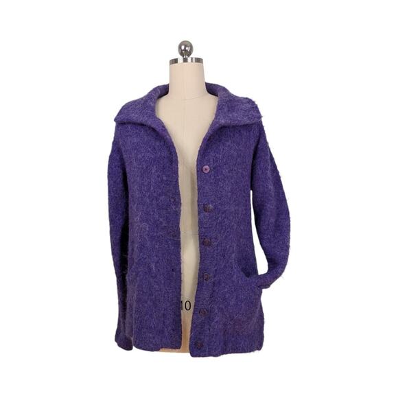 Peruvian Trading Company Cardigan Sweater M L Purple Fuzzy Collared Work Winter - Picture 1 of 10